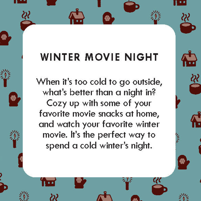 A square graphic with a white rounded rectangle in the center containing the text 'WINTER MOVIE NIGHT' and a cozy winter-themed message. The background is teal with small repeating illustrations of houses, mittens, coffee cups, and trees in dark red-brown.