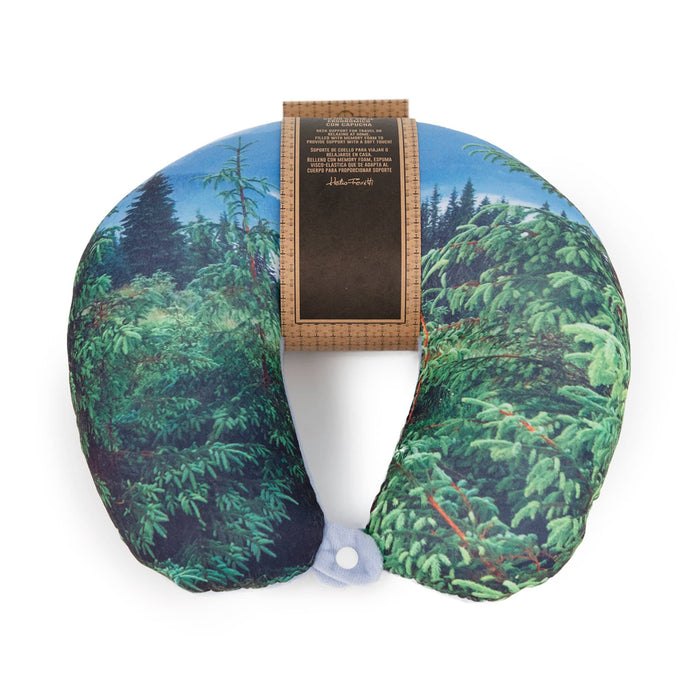 Neck pillow with forest design and packaging on a white background.