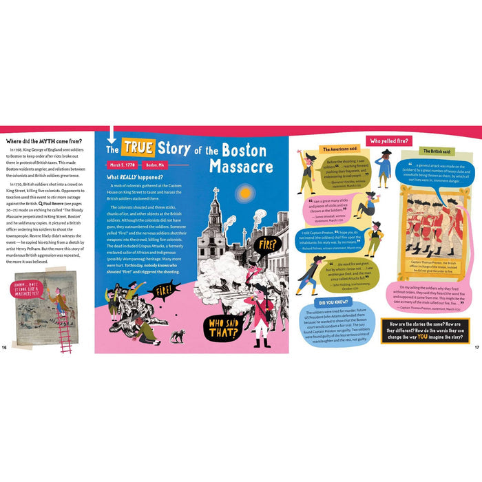 Infographics page about the true story of the Boston Massacre with colorful graphics and text.