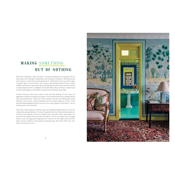 Decorative interior design page with a colorful room and text.