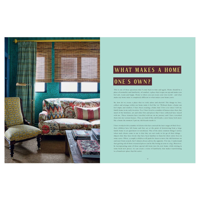Living room interior with colorful furniture and text on a teal background.