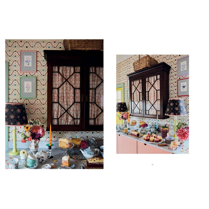 Two images of a decorated room with patterned wallpaper, lamps, and table settings.