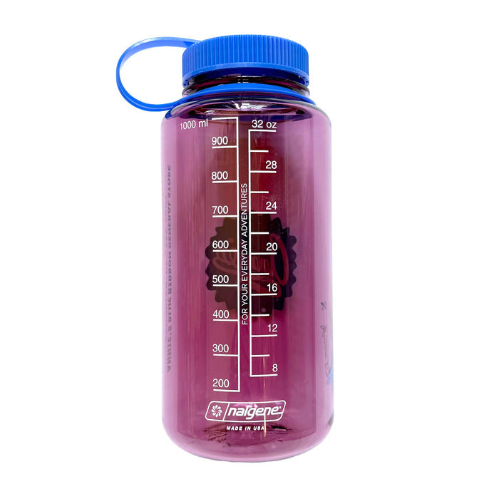 Pink water bottle with blue lid and measurement markings on a white background.