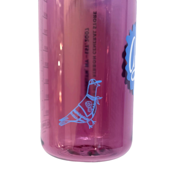 Pink water bottle with blue pigeon design on a white background.