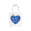 Natural cotton canvas tiny tote bag with a dark blue heart design featuring a bridge and 'With Love from Brooklyn' text on a white background.