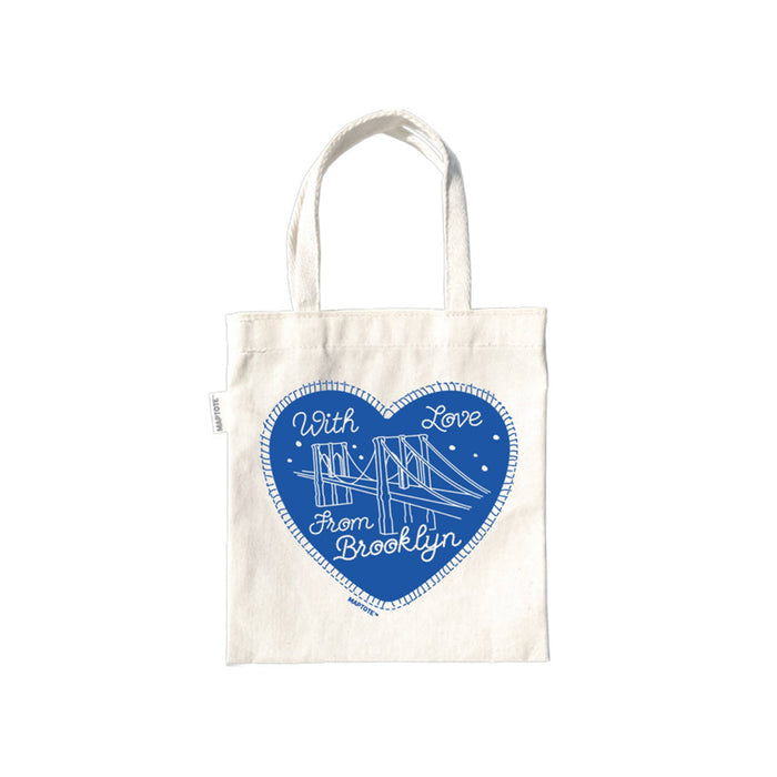 Natural cotton canvas tiny tote bag with a dark blue heart design featuring a bridge and 'With Love from Brooklyn' text on a white background.