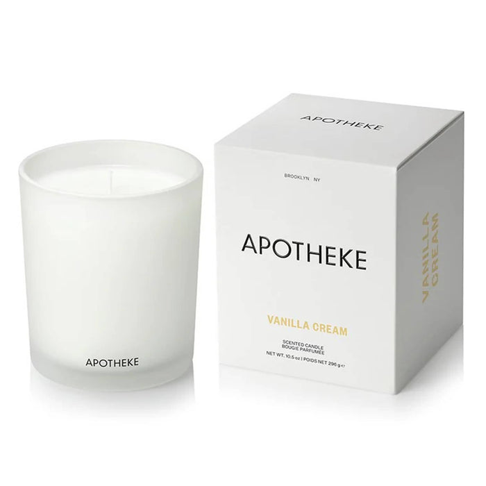 Apotheke Vanilla Cream scented candle and its packaging on a white background.
