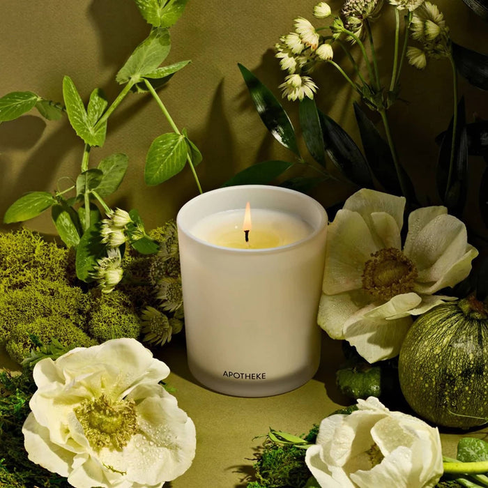 Apotheke Verdant Garden scented classic soy blend candle, lit and surrounded by white and green botanicals.