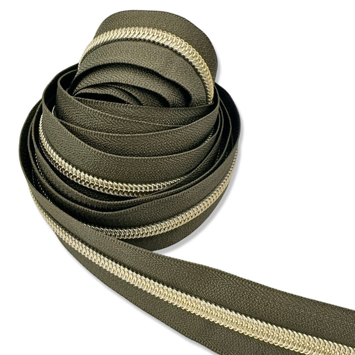 Army Green | #5 Light Gold Zipper by the Yard - 3 Yard Singles