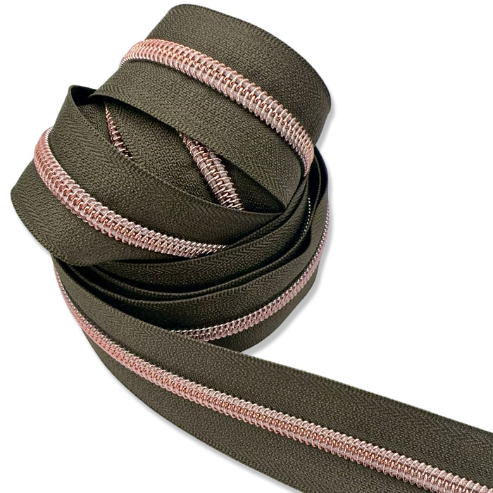 Army Green | #5 Rose Gold Zipper by the Yard - 3 Yard Singles