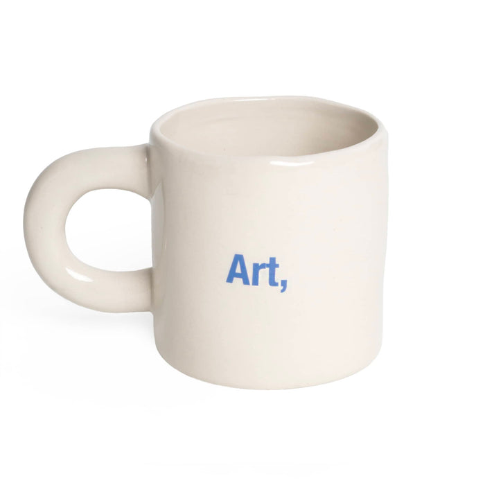 White mug with 'Art, ' text in blue on a white background.