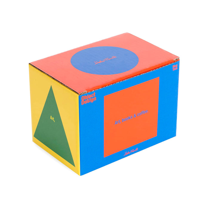 Colorful box with geometric shapes and text on a white background.
