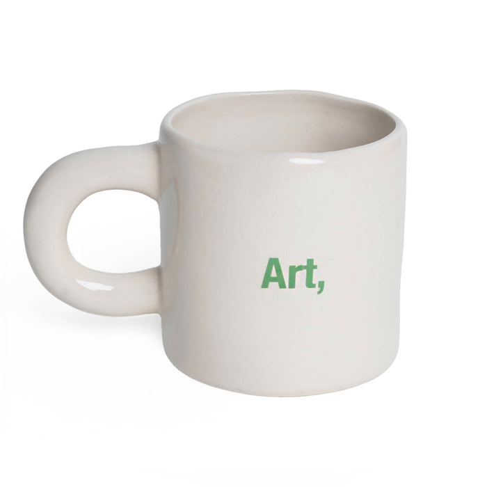 White mug with 'Art,' printed in green on a white background.