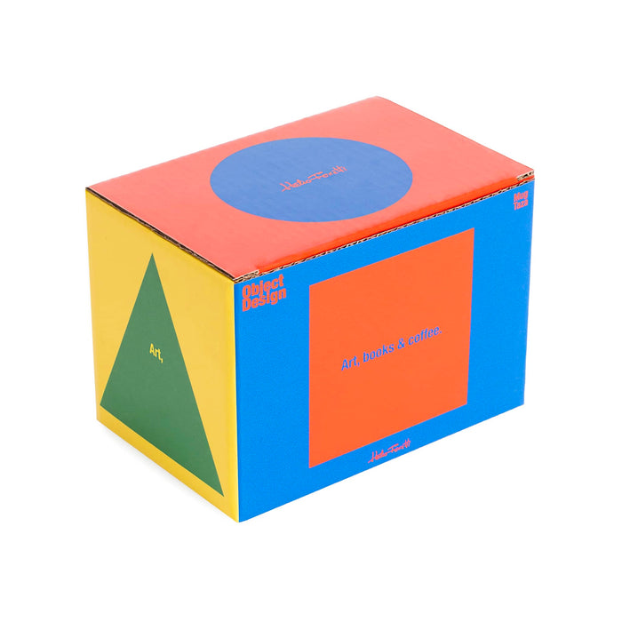Colorful box with geometric shapes on a white background.
