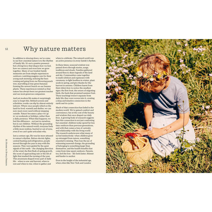 A printed book spread page with the headline 'Why nature matters' on the left and a photograph on the right showing a child sitting in a grassy field among wildflowers.