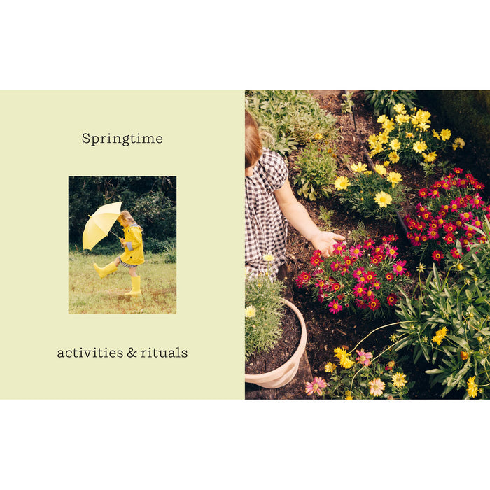 A square graphic with a pale yellow-green background on the left and a photograph on the right showing a person in a garden beside colorful flowers. The left side includes the text 'Springtime' and 'activities & rituals'.