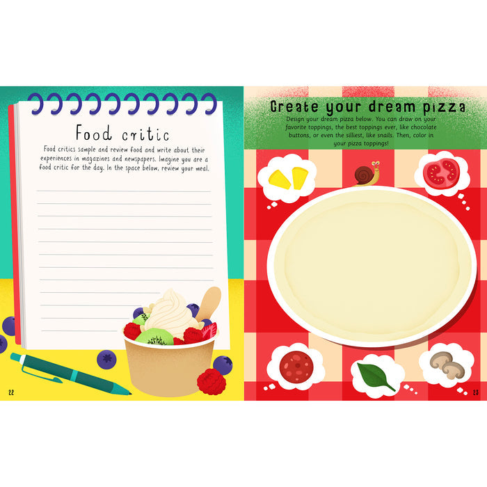 Quarto At the Restaurant Kids Activity Book food critic and create your dream pizza sample pages.