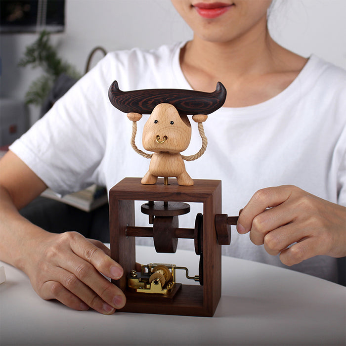 Automata Animal Bull Cows Musical Box Creative Wooden Hand Cranked Music Box