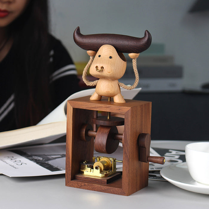 Automata Animal Bull Cows Musical Box Creative Wooden Hand Cranked Music Box