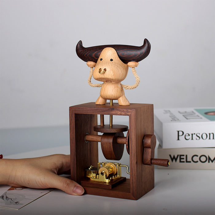 Automata Animal Bull Cows Musical Box Creative Wooden Hand Cranked Music Box