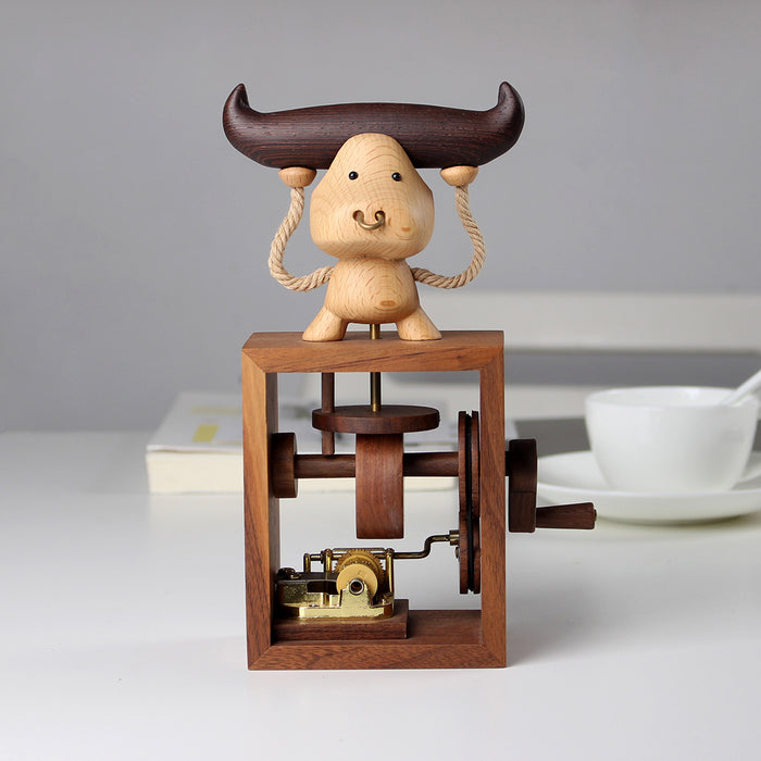 Automata Animal Bull Cows Musical Box Creative Wooden Hand Cranked Music Box