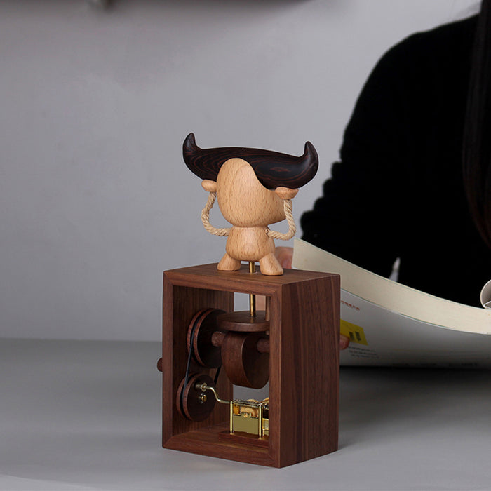 Automata Animal Bull Cows Musical Box Creative Wooden Hand Cranked Music Box