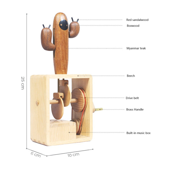 Automata Creative Gift for Girl Cactus Music Box Handmade Wooden Dynamic Hand Cranked Musical Box