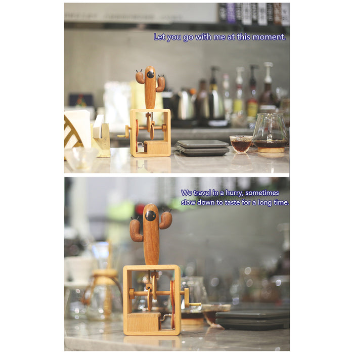 Automata Creative Gift for Girl Cactus Music Box Handmade Wooden Dynamic Hand Cranked Musical Box