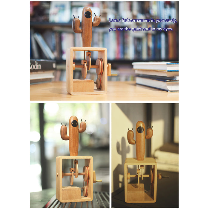 Automata Creative Gift for Girl Cactus Music Box Handmade Wooden Dynamic Hand Cranked Musical Box