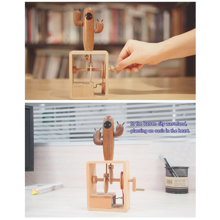Automata Creative Gift for Girl Cactus Music Box Handmade Wooden Dynamic Hand Cranked Musical Box