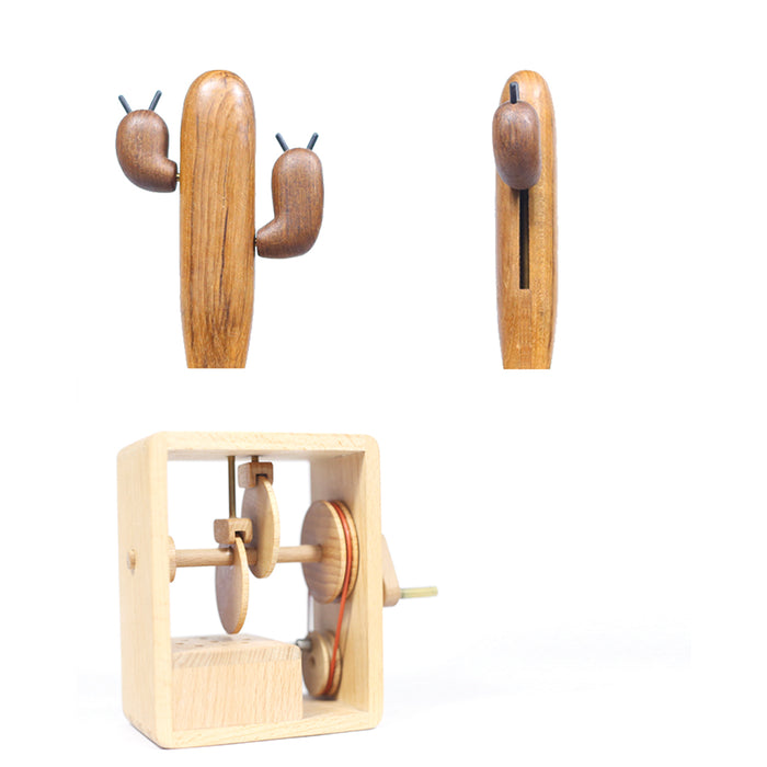 Automata Creative Gift for Girl Cactus Music Box Handmade Wooden Dynamic Hand Cranked Musical Box
