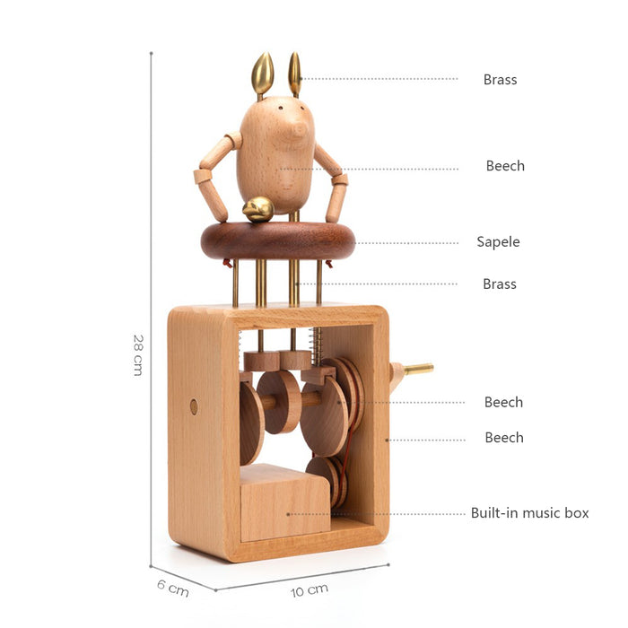 Automata Creative Gift Handmade Wooden Music Box Cute Dynamic Hand Cranked Music Box - Swim Ring Pig