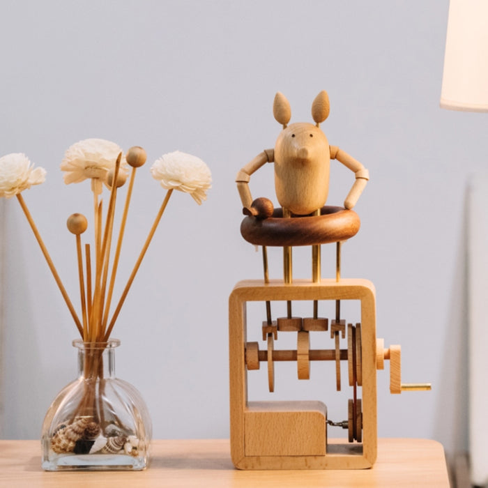 Automata Creative Gift Handmade Wooden Music Box Cute Dynamic Hand Cranked Music Box - Swim Ring Pig