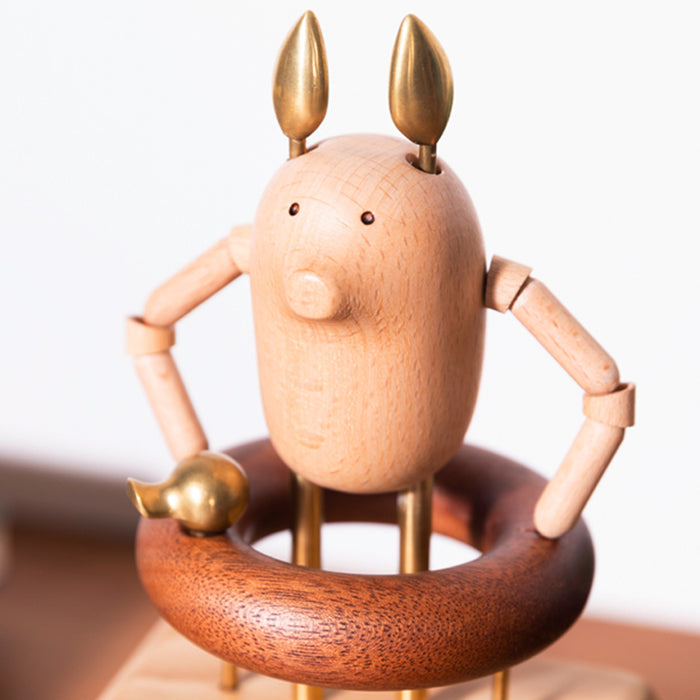 Automata Creative Gift Handmade Wooden Music Box Cute Dynamic Hand Cranked Music Box - Swim Ring Pig