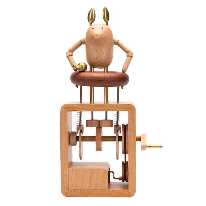 Automata Creative Gift Handmade Wooden Music Box Cute Dynamic Hand Cranked Music Box - Swim Ring Pig