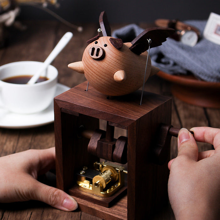 Automata Creative Music Box Cute Flying Pig Wooden Dynamic Musical Box Gift for Girls