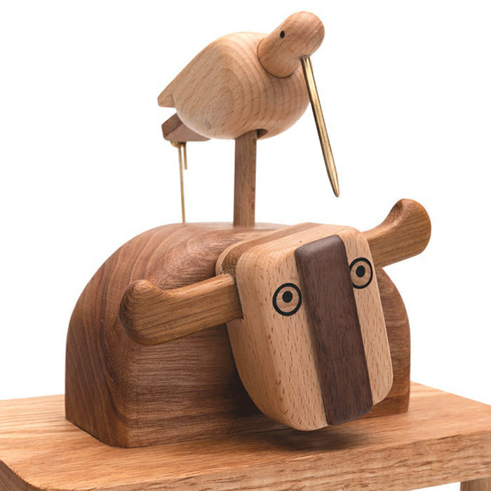 Automata Cute Animal Music Box Wooden Cow and Bird Musical Box for Home Decor