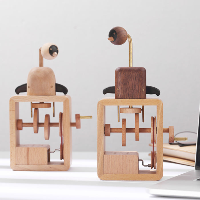 Automata Lover Creative Gift Wooden Music Box Cute Dynamic Birds Hand-cranked Music Box - Beige