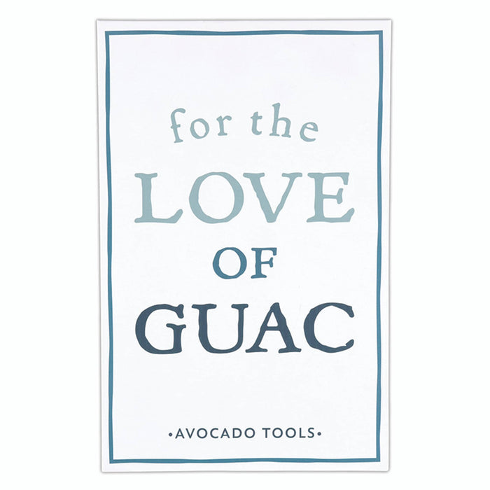 Front cover of a white book box containing avocado tools with "for the love of guac" in blue, on a white background.
