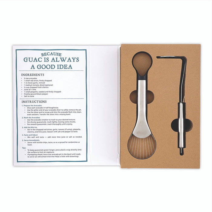 Inside shown of a book box containing 2 avocado tools and a guacamole recipe, on a white background.