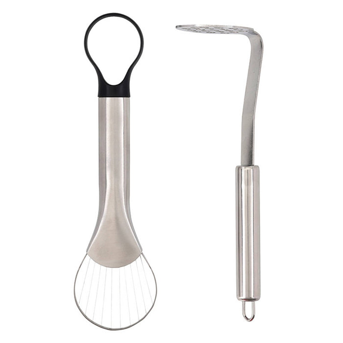 Two stainless steel and plastic avocado tools on a white background.