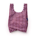 A reusable ripstop nylon tote bag with a pink and brown houndstooth pattern, shown against a plain white background.