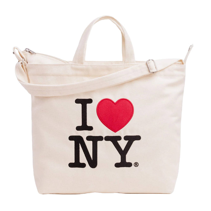 White cotton canvas tote bag with 'I ❤️ NY' text on a white background.
