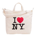 White cotton canvas tote bag with 'I ❤️ NY' text on a white background.