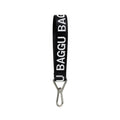 A black keychain with the Baggu logo in white, featuring a metal clip and a triangle ring.