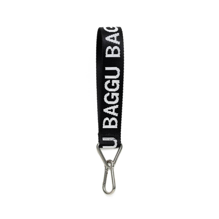 A black keychain with the Baggu logo in white, featuring a metal clip and a triangle ring.