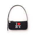 Black nylon pochette shoulder bag with 'I ❤️ NY' text on a white background.