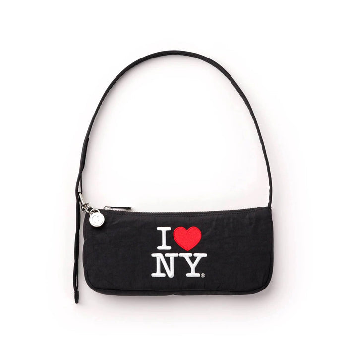 Black nylon pochette shoulder bag with 'I ❤️ NY' text on a white background.
