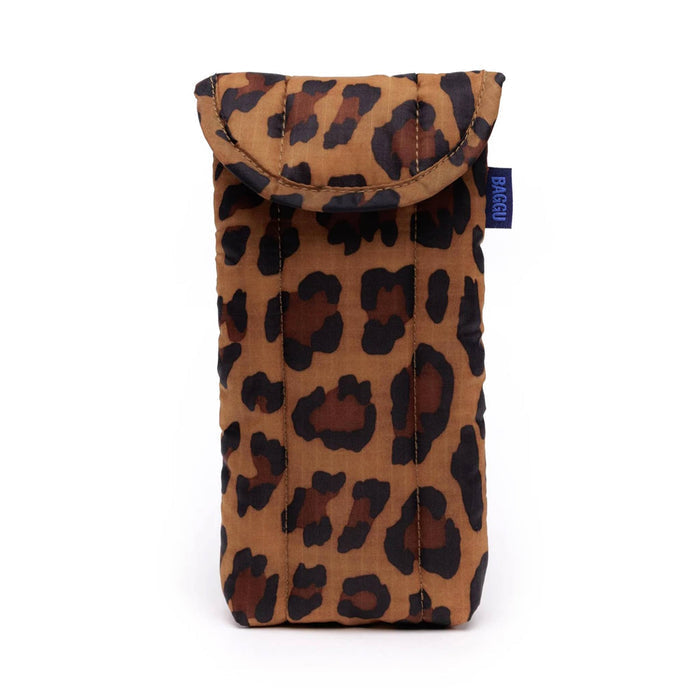 Leopard puffy recycled ripstop nylon glasses sleeve, front view, on a white background.