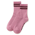 A pair of plum crew socks with two dark burgundy stripes near the ribbed cuffs and burgundy text branding printed on the sole, displayed on a clean white background.